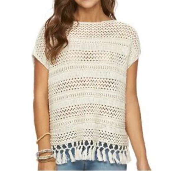 Chaps Boho Ivory Crocheted Fringe-Trim  Poncho, Sleeveless Sweater,Petite Med/Lg - Picture 1 of 6